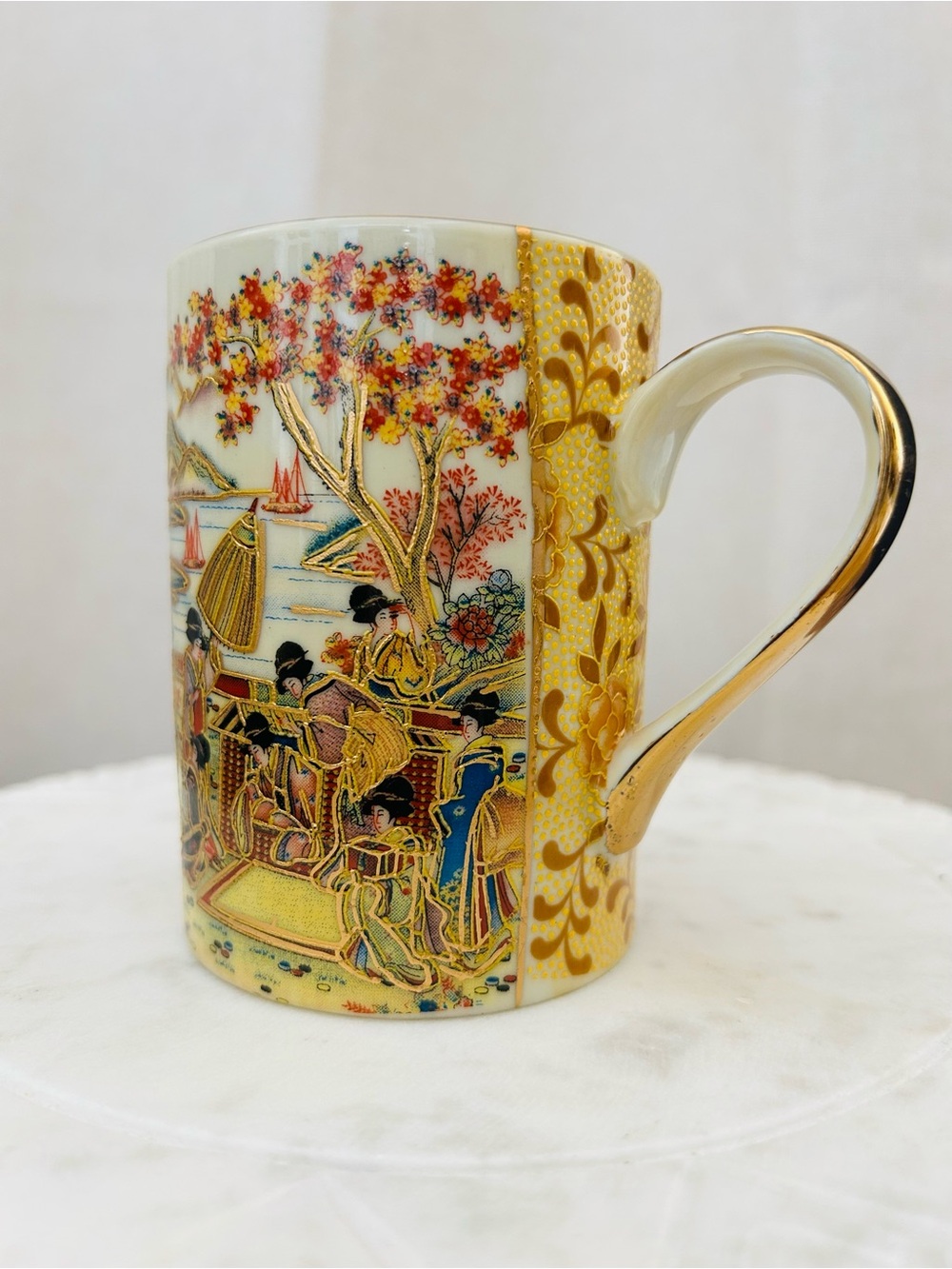 Vintage Chinese Satsuma Porcelain Cup Geisha Landscape Gilt Mt Fuji Moriage Mug
